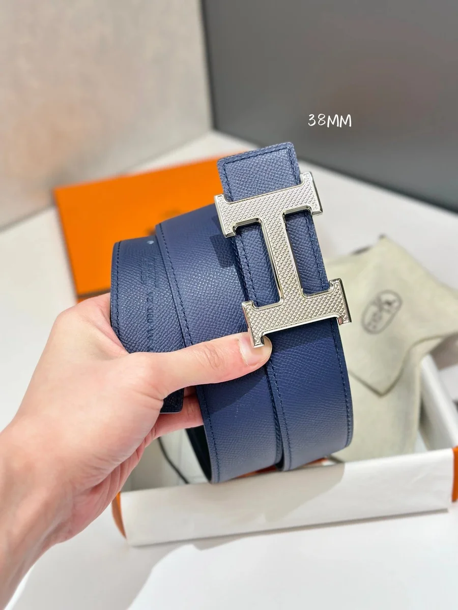 Hermès Hermès H Series Belt Blue Leather with Silver Palm-Print Buckle Blue