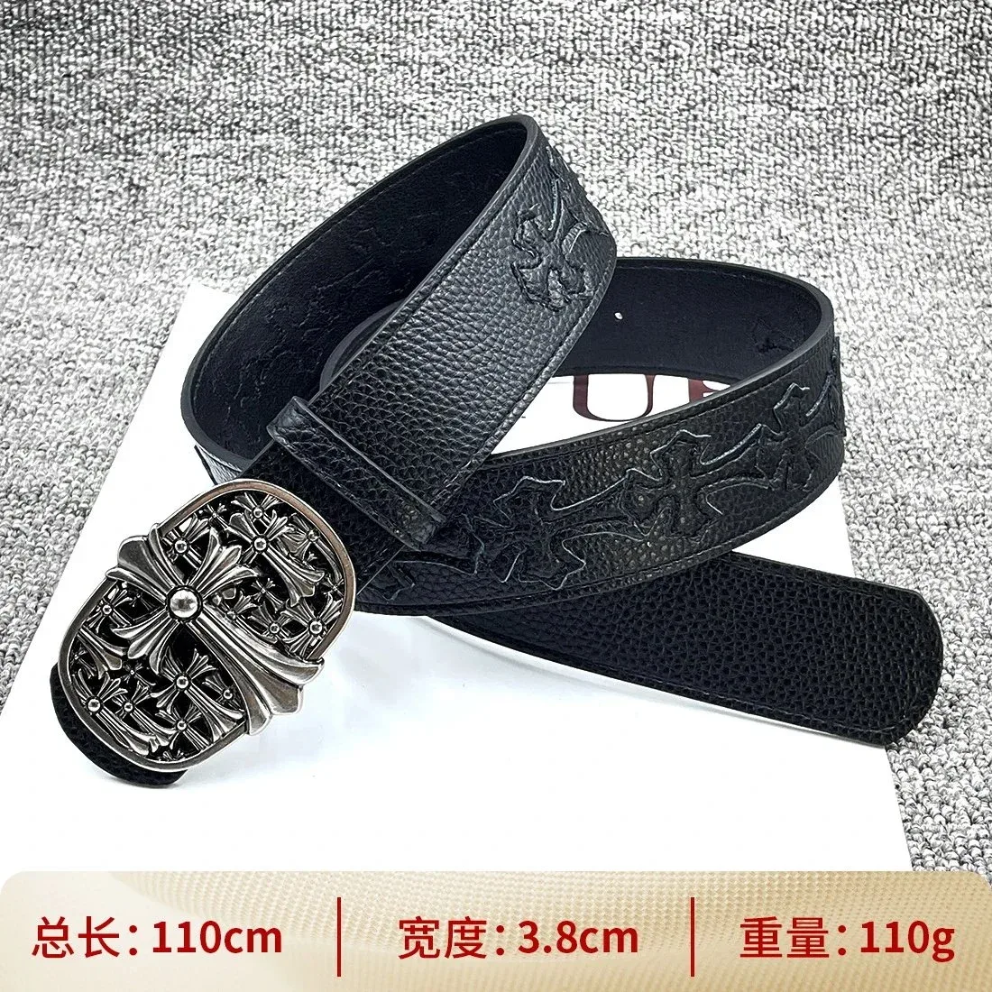 Other Black Cross Embossed Leather Belt with Silver Buckle Black - 1