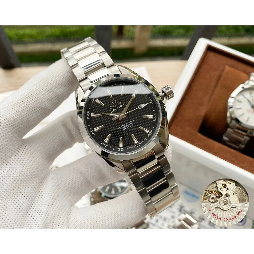 Omega Omega Seamaster Master Co-Axial Silver Case Black Dial Steel Band Watch Silver