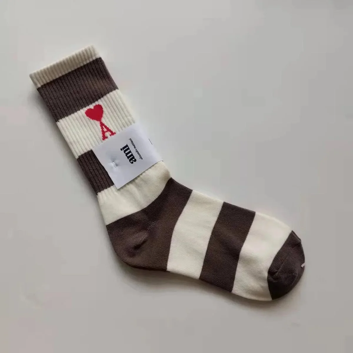 Ami Paris Ami Striped Heart Logo Socks Beige/Brown Beige - 1