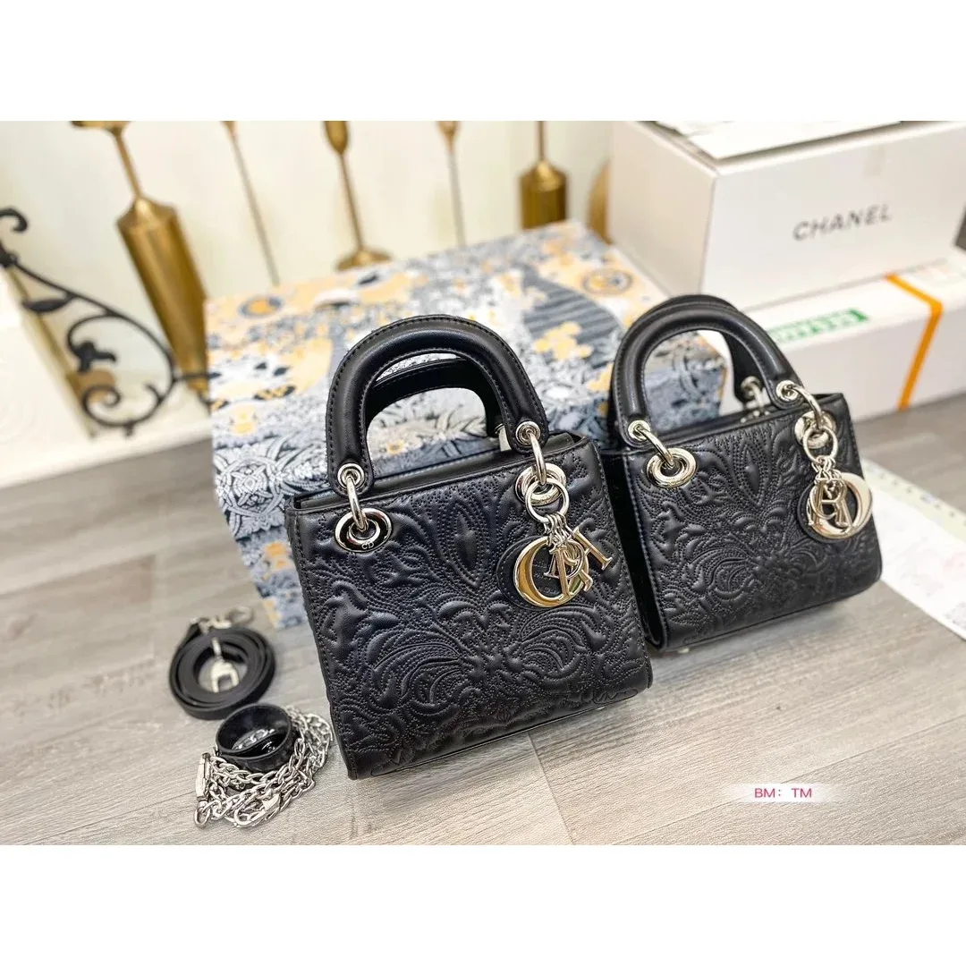 Dior Dior Lady Dior Black Embossed Leather Handbag Black - 1