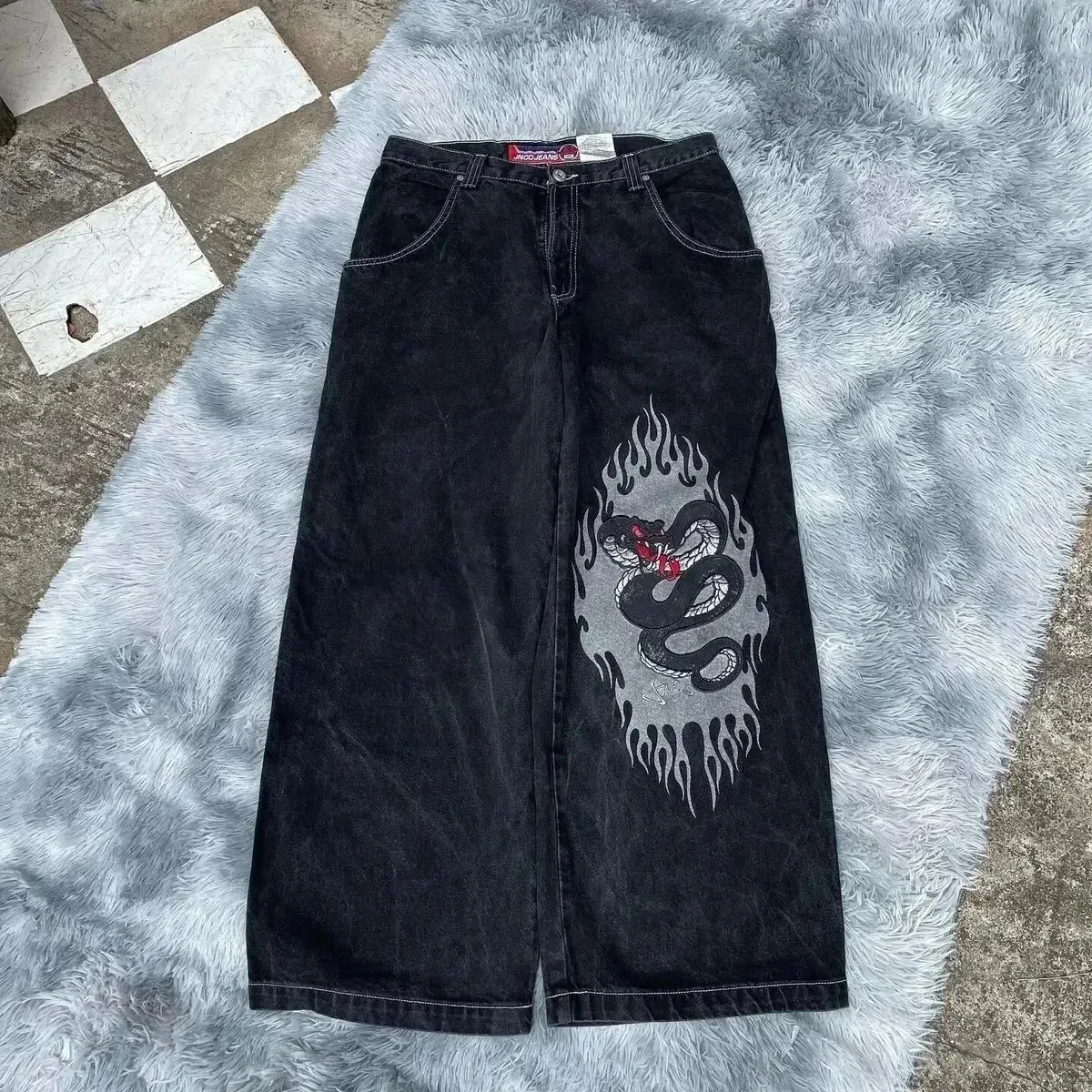 Other Black Snake Flame Print Wide Leg Jeans Black - 1