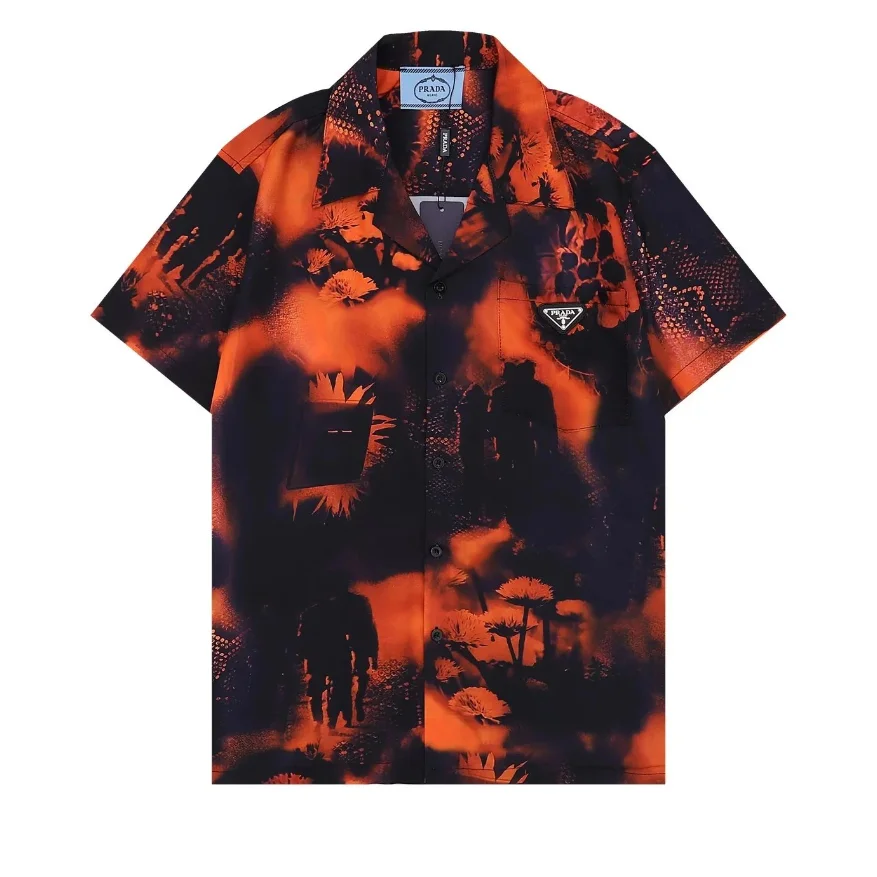Prada Prada Triangle Logo Orange Floral Print Shirt Black