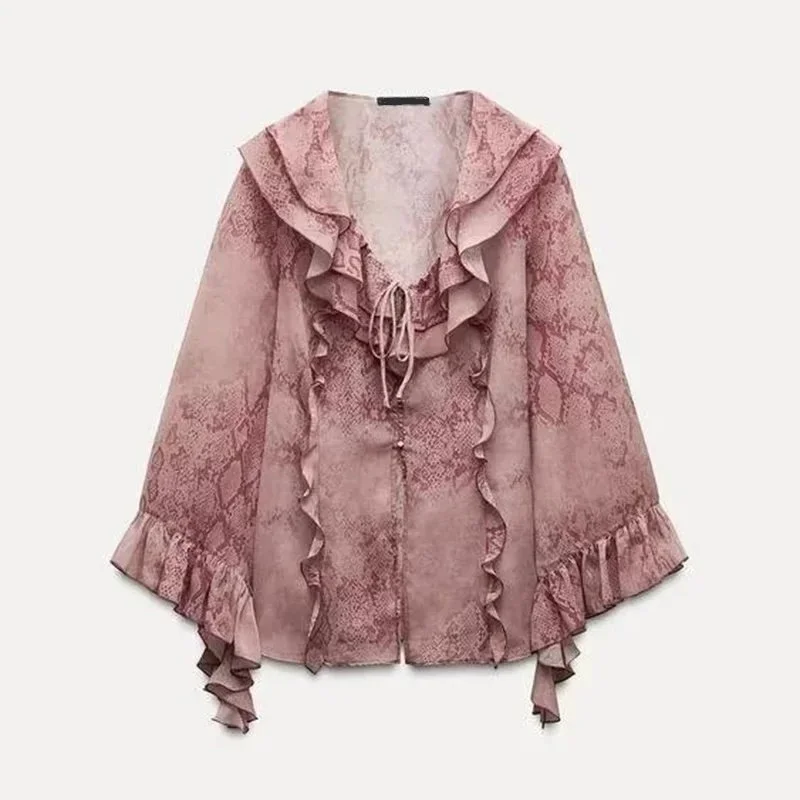 Other Snake Print Blouse with Ruffles Pink - 1