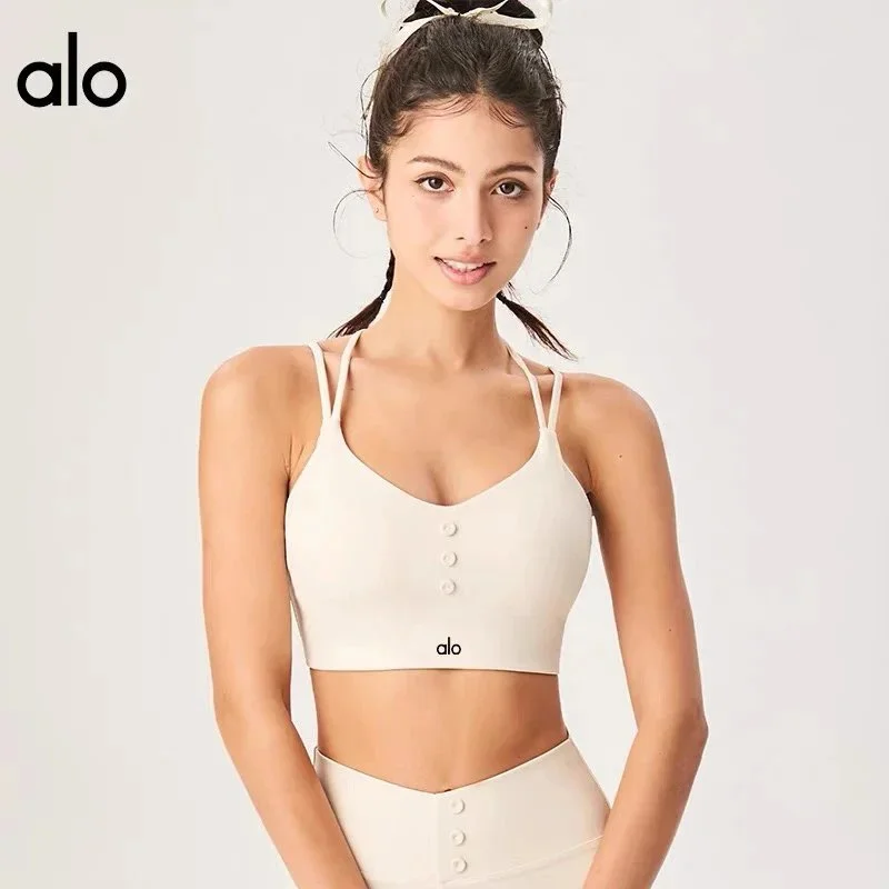 Alo Yoga Alo Solid Button Detail Crop Top Cream Cream - 1