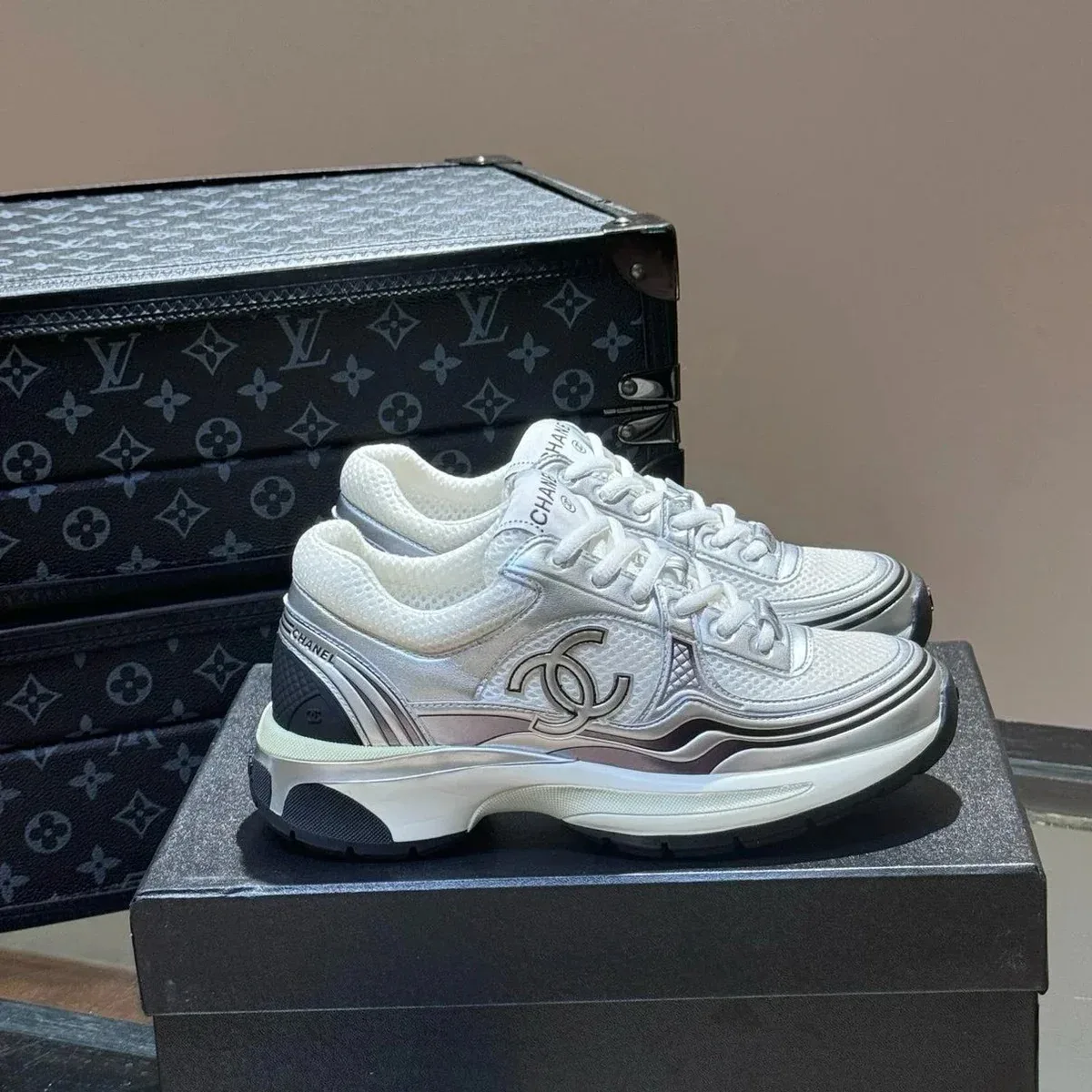 Chanel Chanel Silver/White Logo Sneakers White
