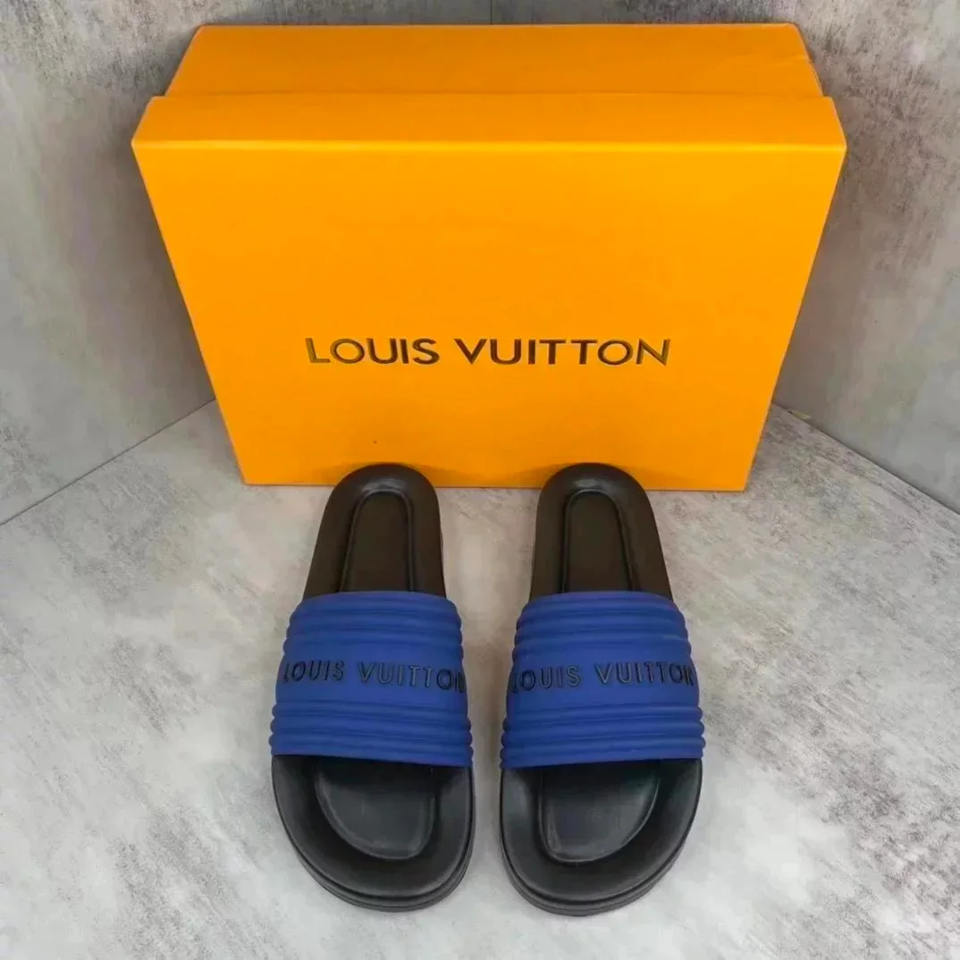 Louis Vuitton Louis Vuitton Blue/Black Embossed Logo Slides Blue