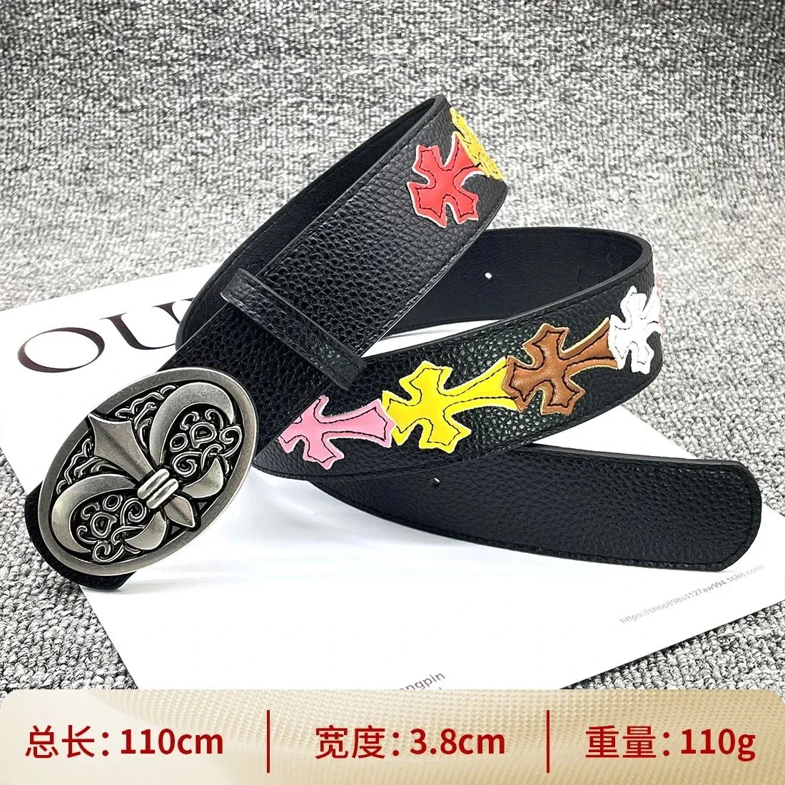 Other Colorful Cross Embroidered Leather Belt Black - 1
