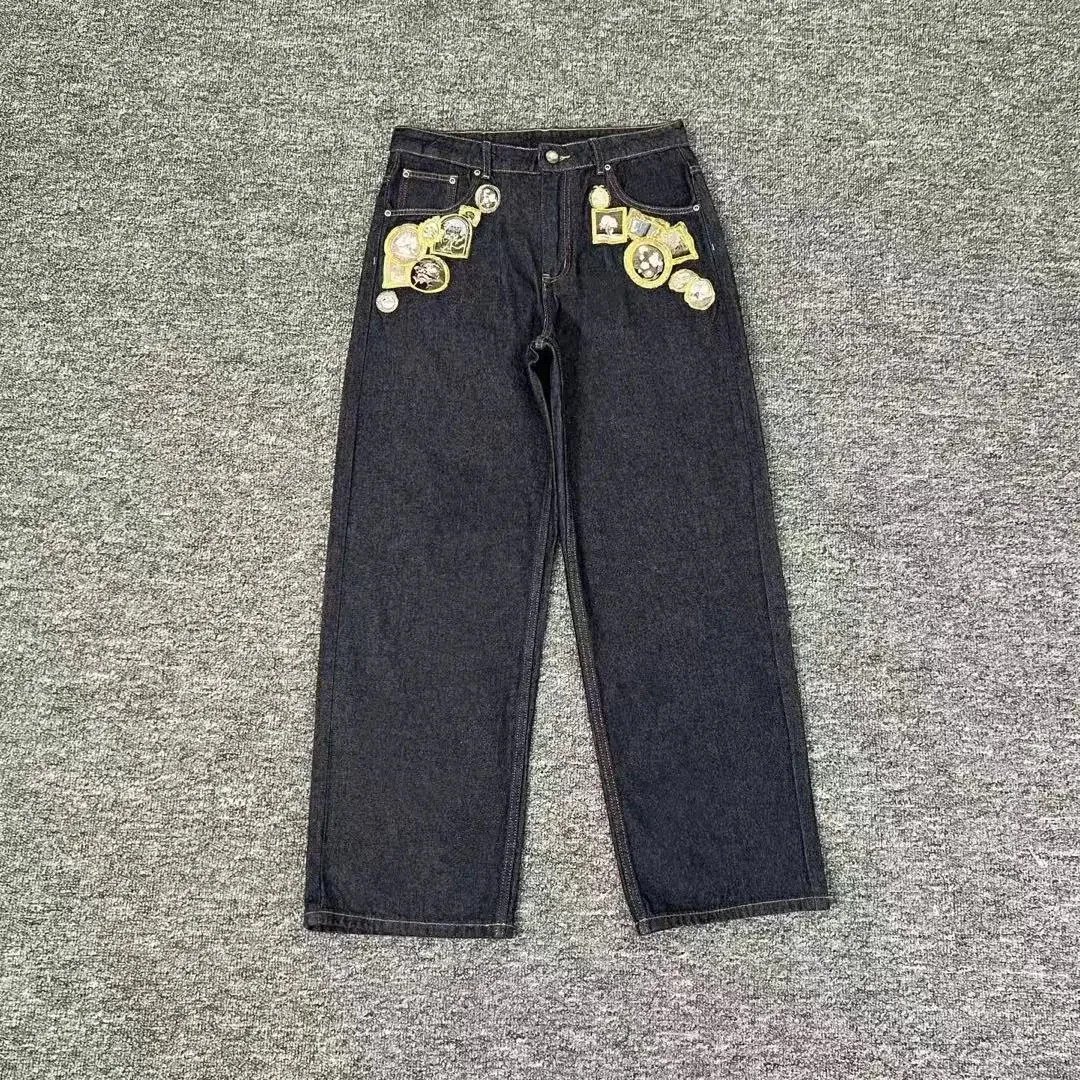 Other Unisex Dark Denim Jeans with Embroidered Badges Black - 1