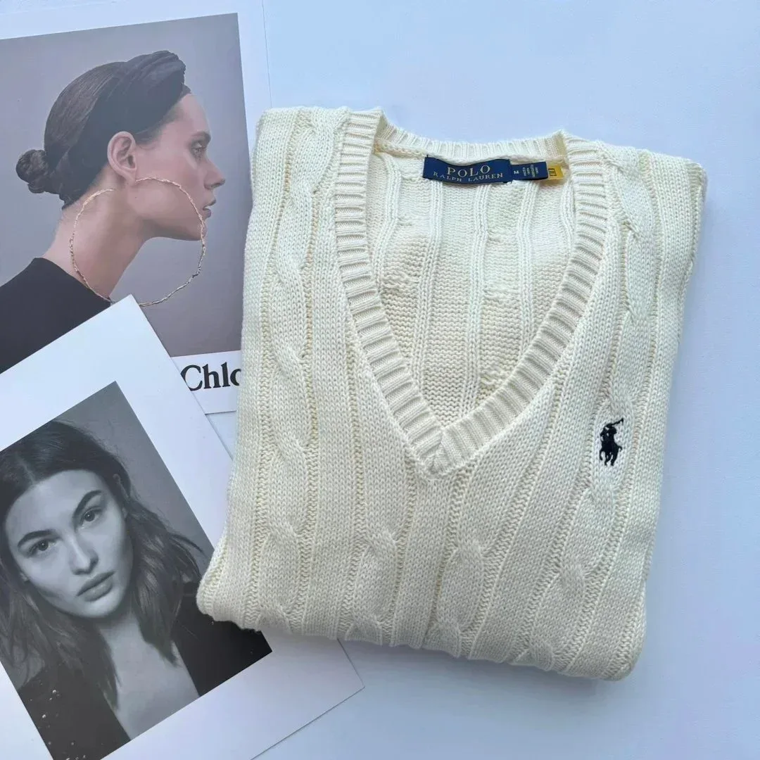Polo Ralph Lauren Polo Ralph Lauren Cream Cable Knit V-Neck Sweater Cream - 1