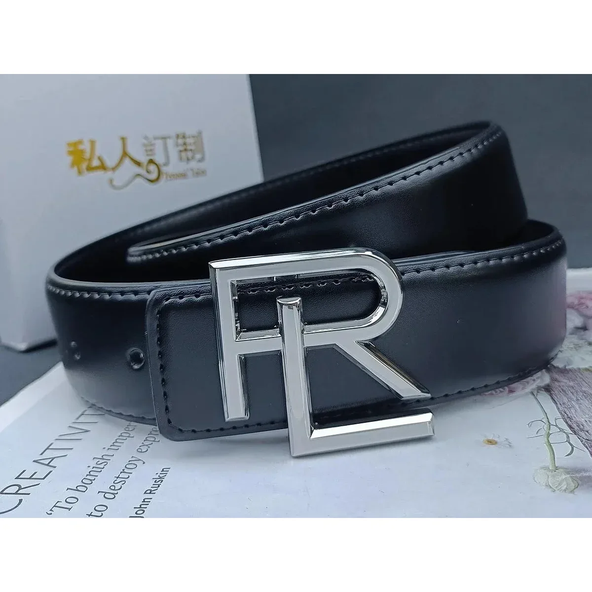 Other Unisex Black Leather Belt with FR Buckle Black - 1