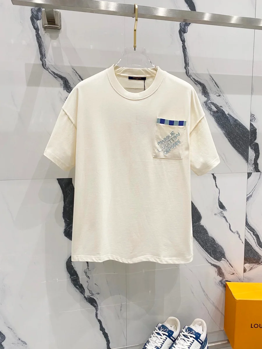 Louis Vuitton Louis Vuitton Cream T-Shirt with Blue Stripe Pocket Cream