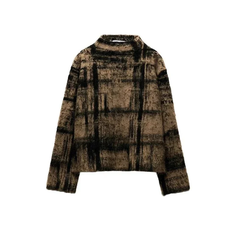 Other Unisex Brown Plaid Knit Sweater Brown - 1