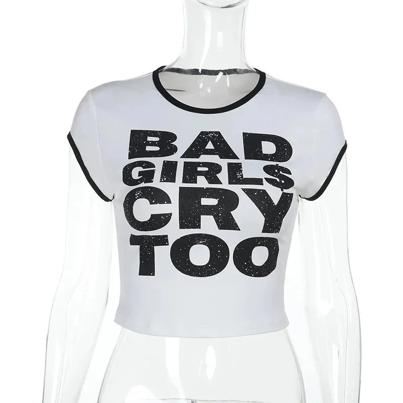 Other White 'Bad Girls Cry Too' Crop Top T-Shirt White - 1