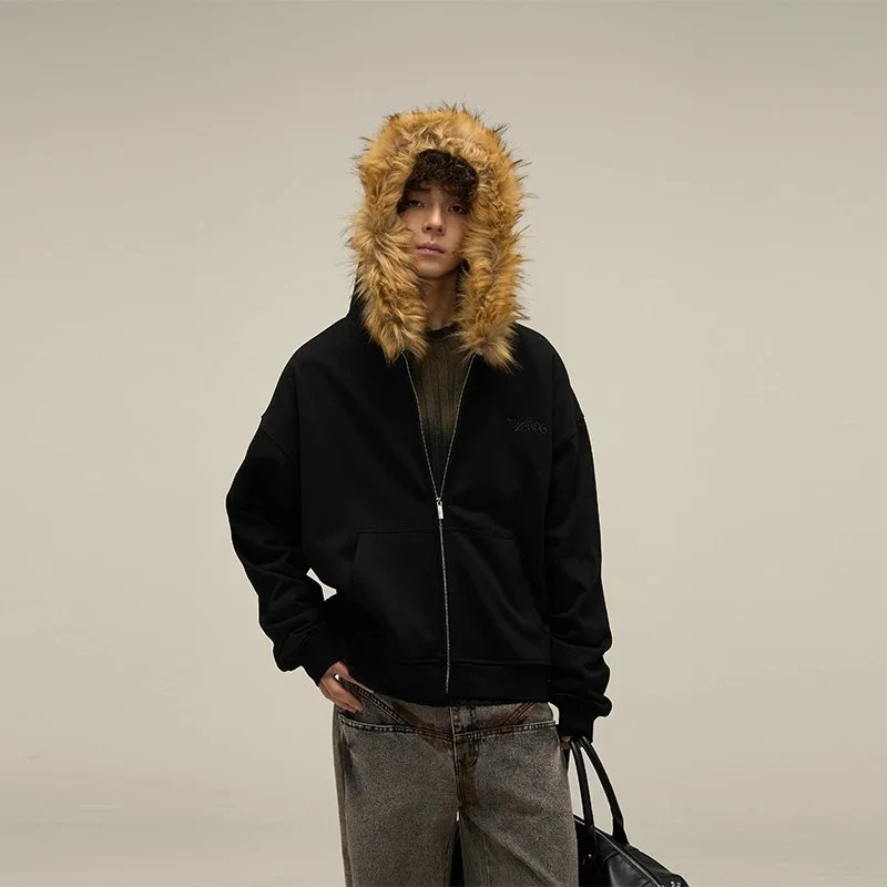 Other Black Faux Fur Hooded Zip-Up Sweatshirt Black - 1