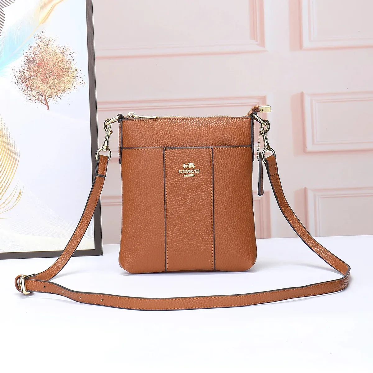 Coach Coach Pebble Grain Leather Crossbody Bag Camel Brown - 1