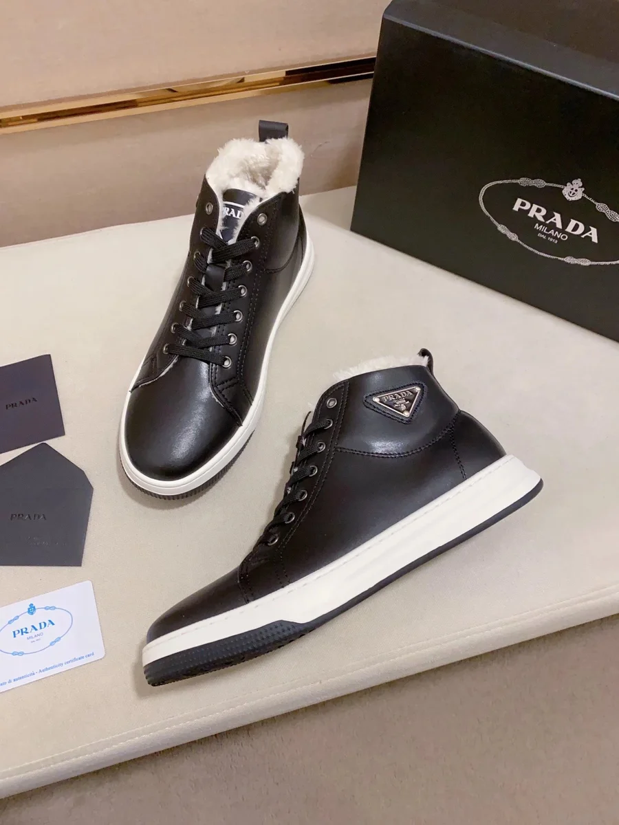 Prada Prada Black Leather High-Top Sneakers with Faux Fur Lining Black - 1