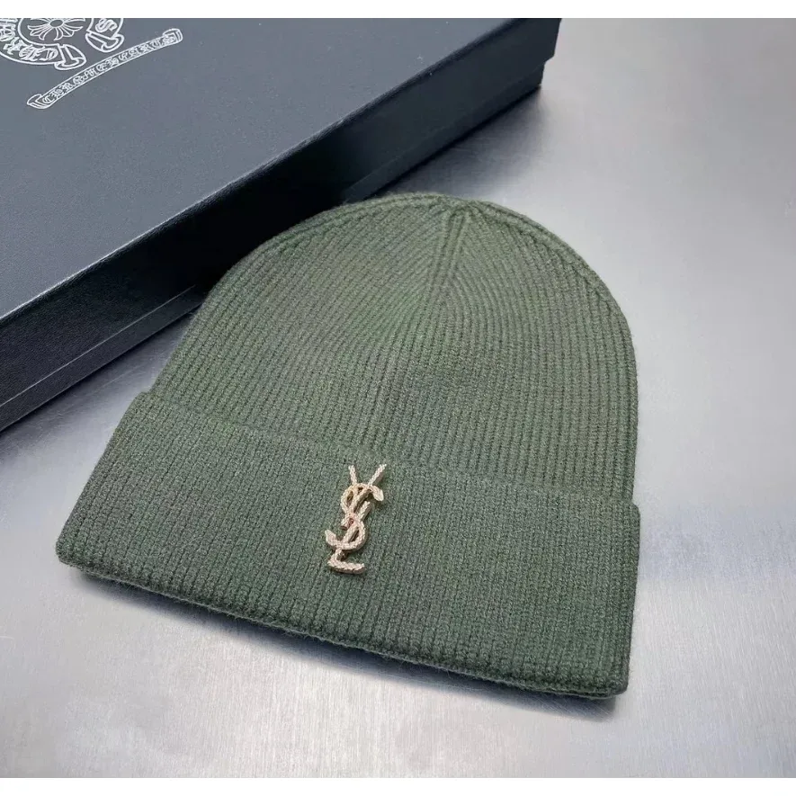 Saint Laurent Saint Laurent Olive YSL Logo Beanie Multicolor