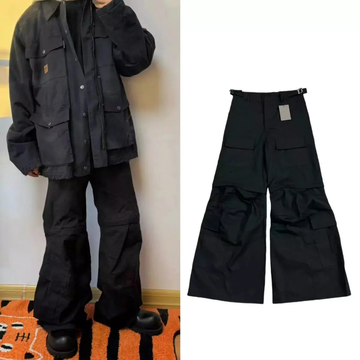 Black zip-section cargo trousers
