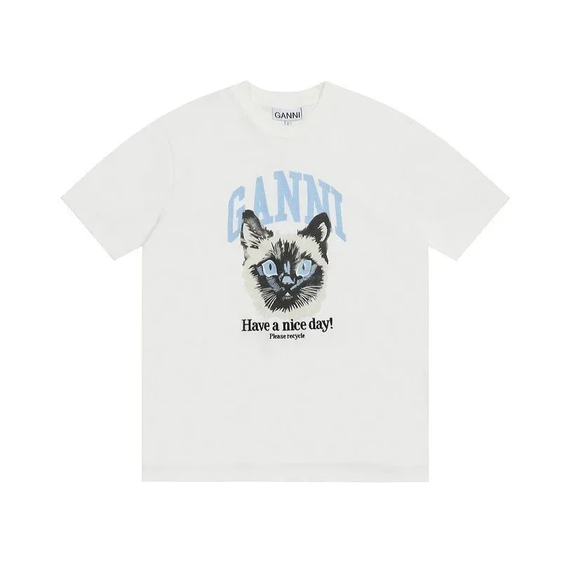 Ganni Ganni Have a Nice Day Cat Print T-Shirt White White - 1
