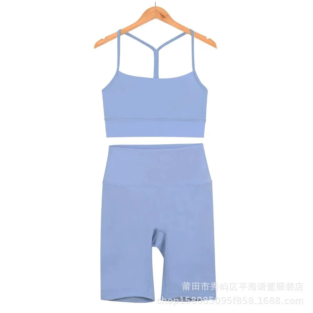 Other Athletic Set in Haze Blue Y-Type Crop Top & Biker Shorts Blue - 1