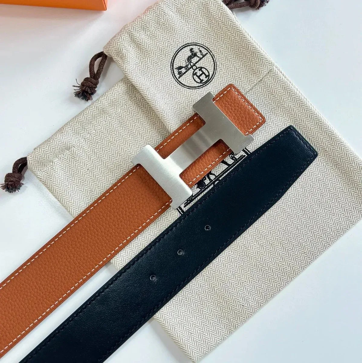Hermès Hermès H Series Tan/Brushed Silver Pebbled Leather Belt Brown