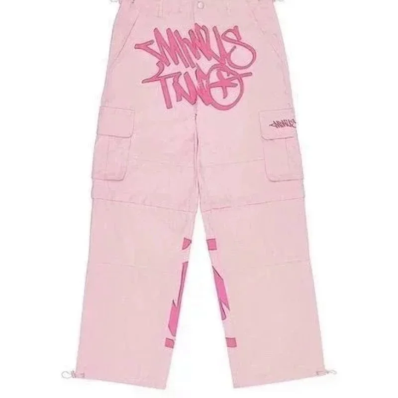 Other Unisex Pink Graffiti Print Cargo Pants Pink - 1