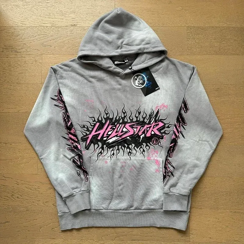Hellstar Hellstar Grey/Pink Flames Hoodie Sweatshirt Grey - 1