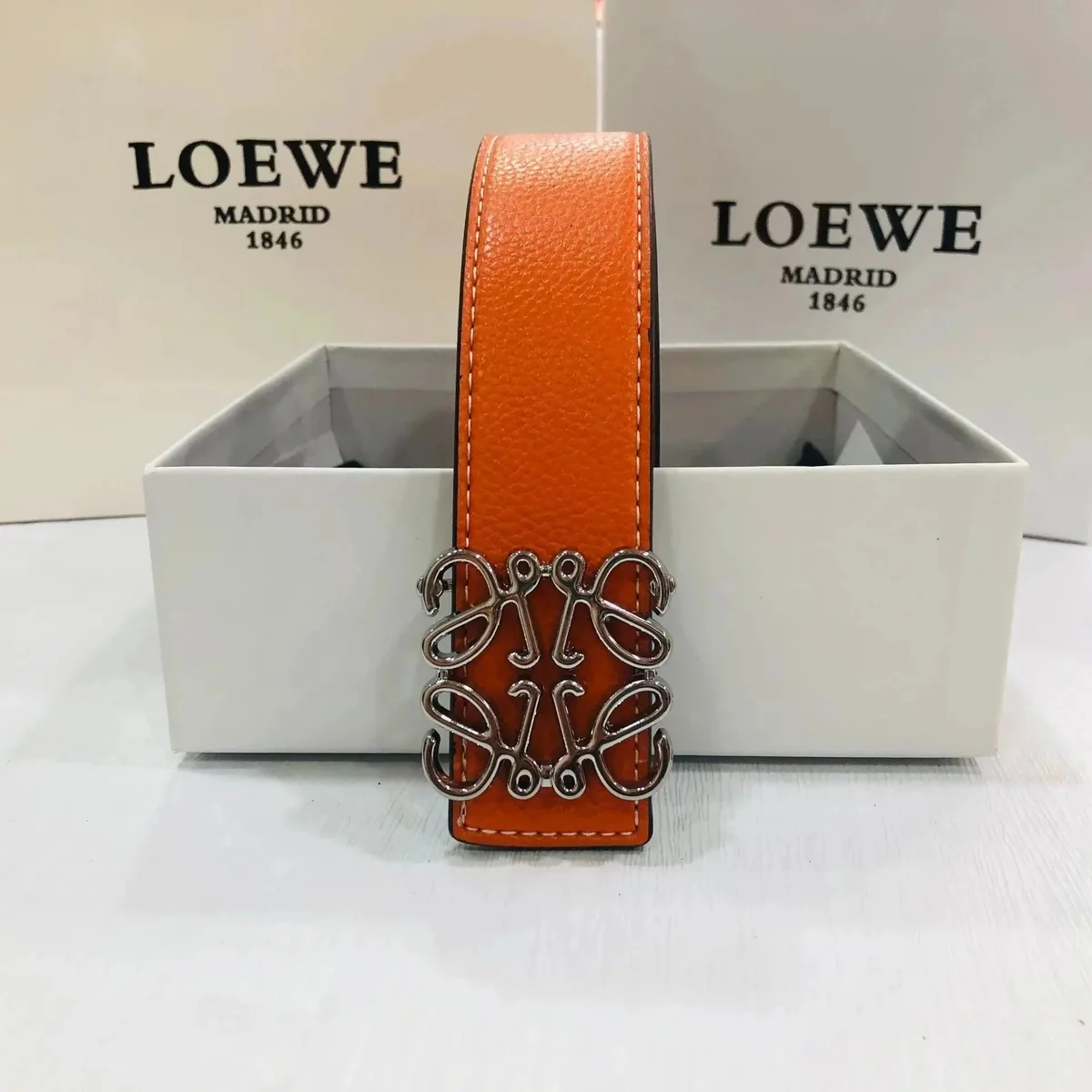 Loewe Loewe Anagram Orange Silver Buckle Belt Orange
