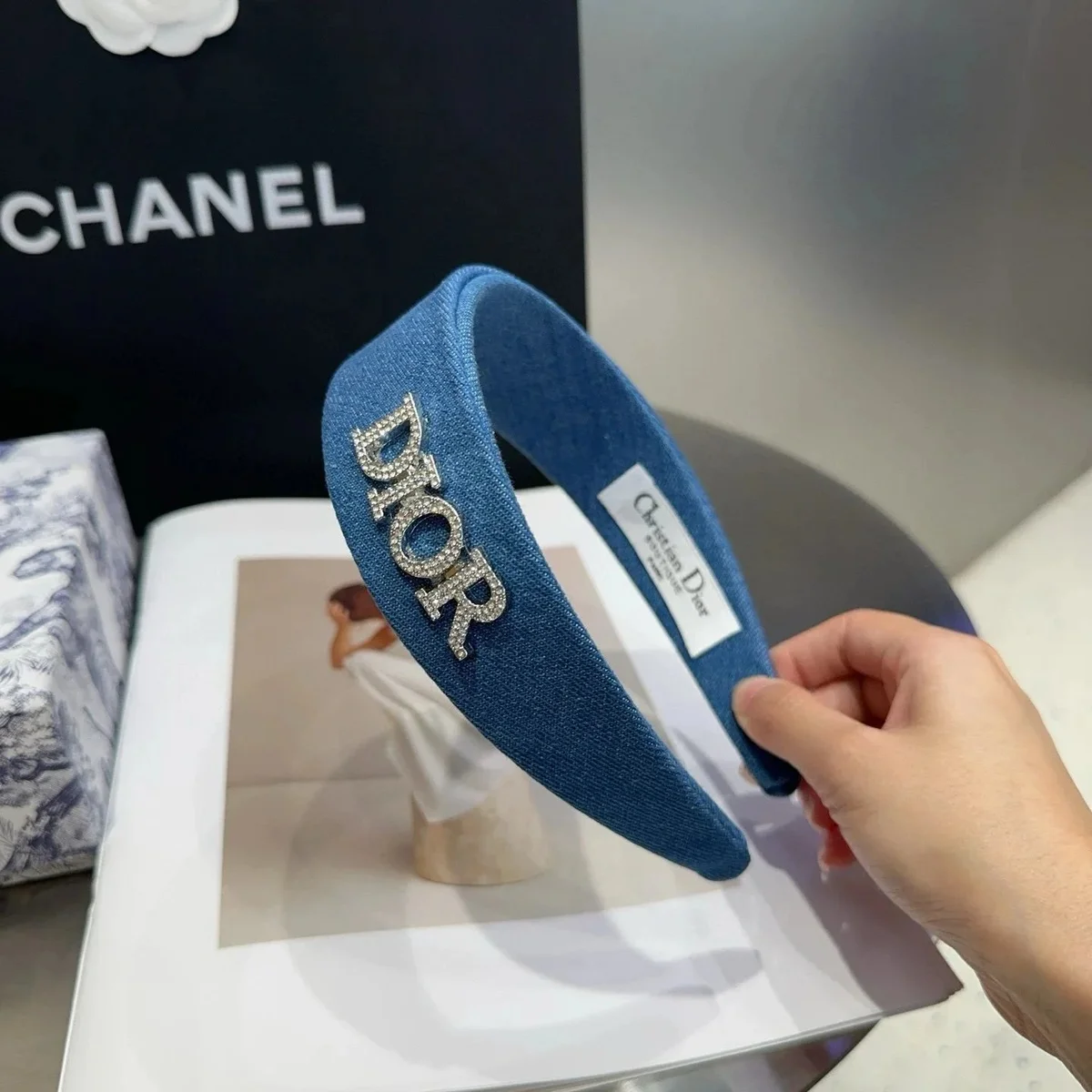 Dior Christian Dior Blue Denim Headband with Crystal Logo Accessory Blue - 1