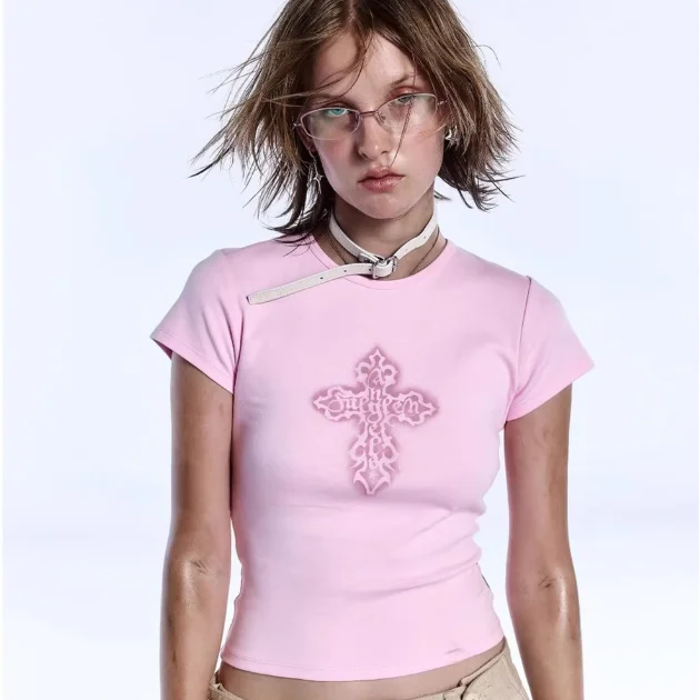 Other Pink Cross Embroidered T-Shirt Pink - 1