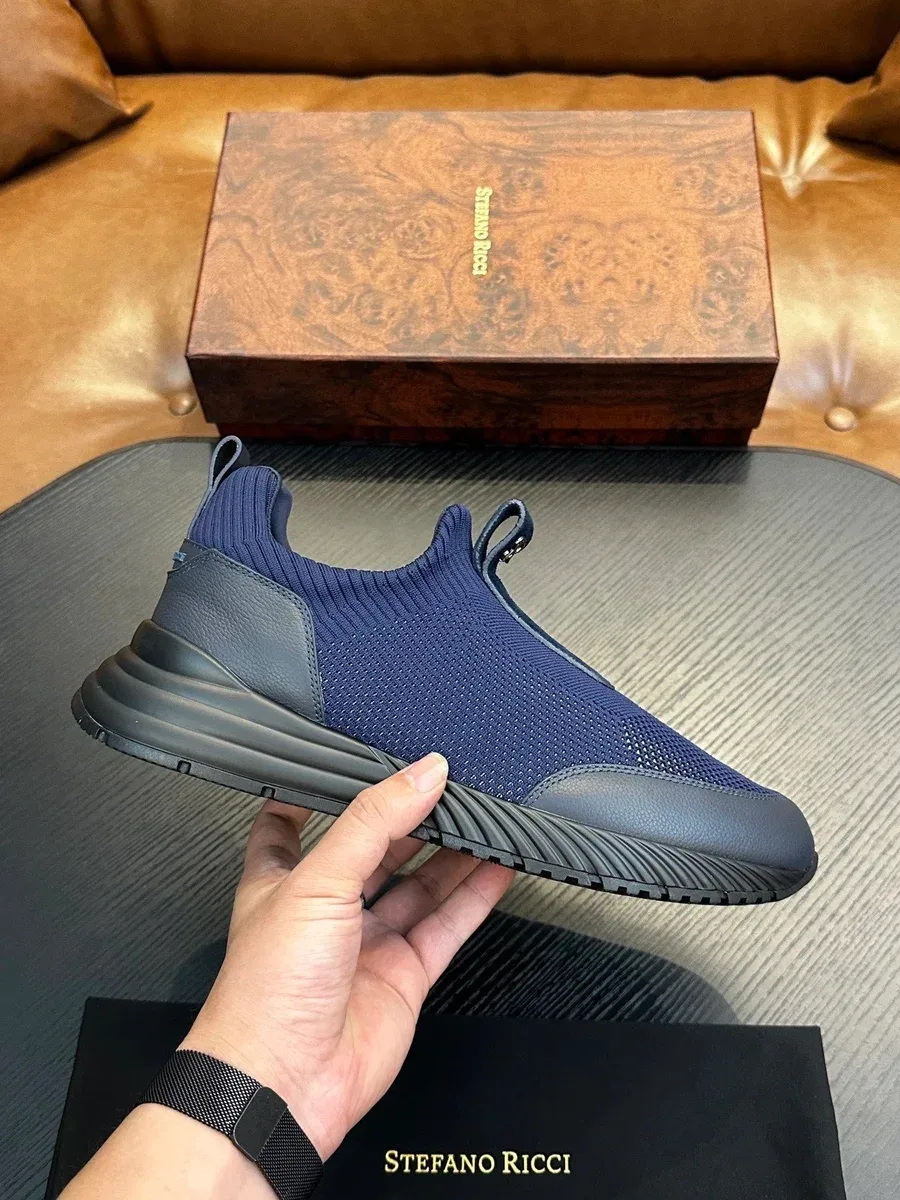 Stefano Ricci Stefano Ricci Navy Knit & Leather Sneakers Navy - 1