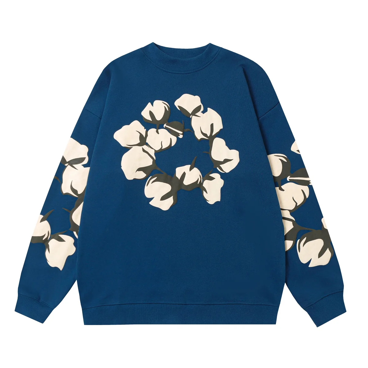 Other Unisex Cotton Flower Print Sweatshirt in孔雀蓝 Blue - 1