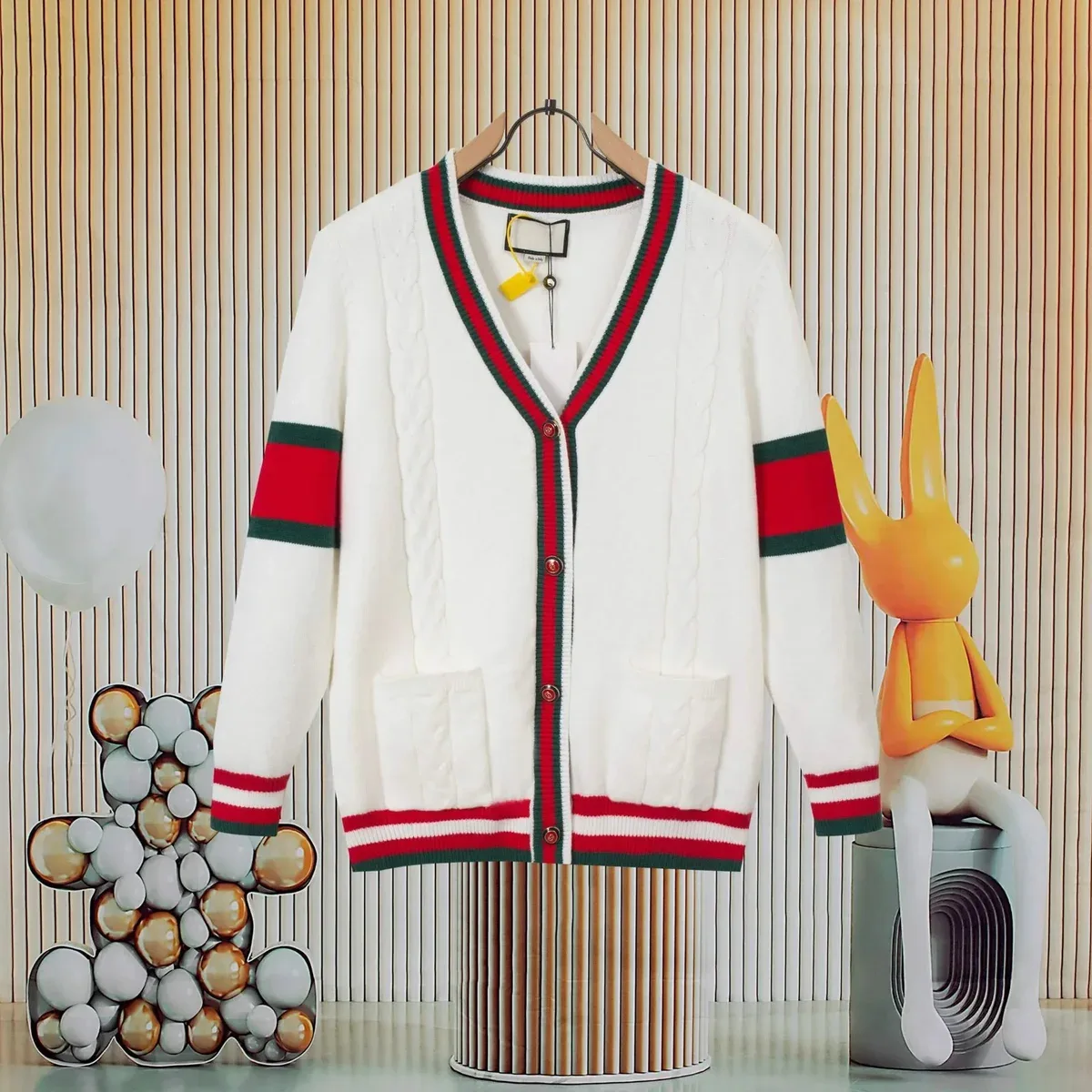Gucci Gucci White/Red-Green Web Stripe V-Neck Cable Knit Cardigan White
