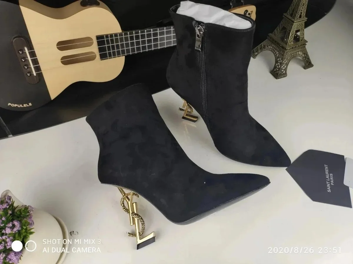 Saint Laurent Saint Laurent YSL Black Suede Heeled Boots Black - 1