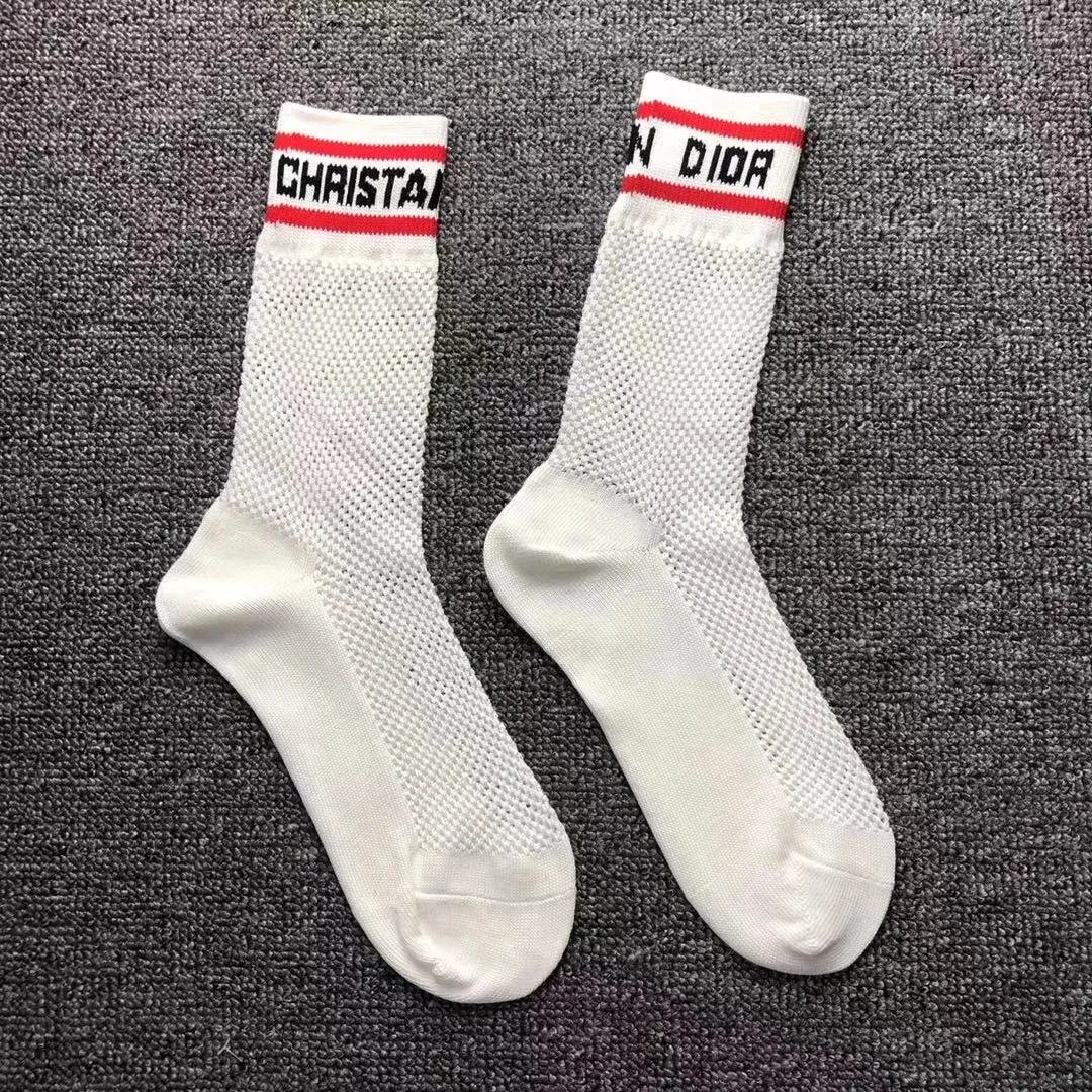 Dior Dior White Mesh Socks with Red & Black Logo White