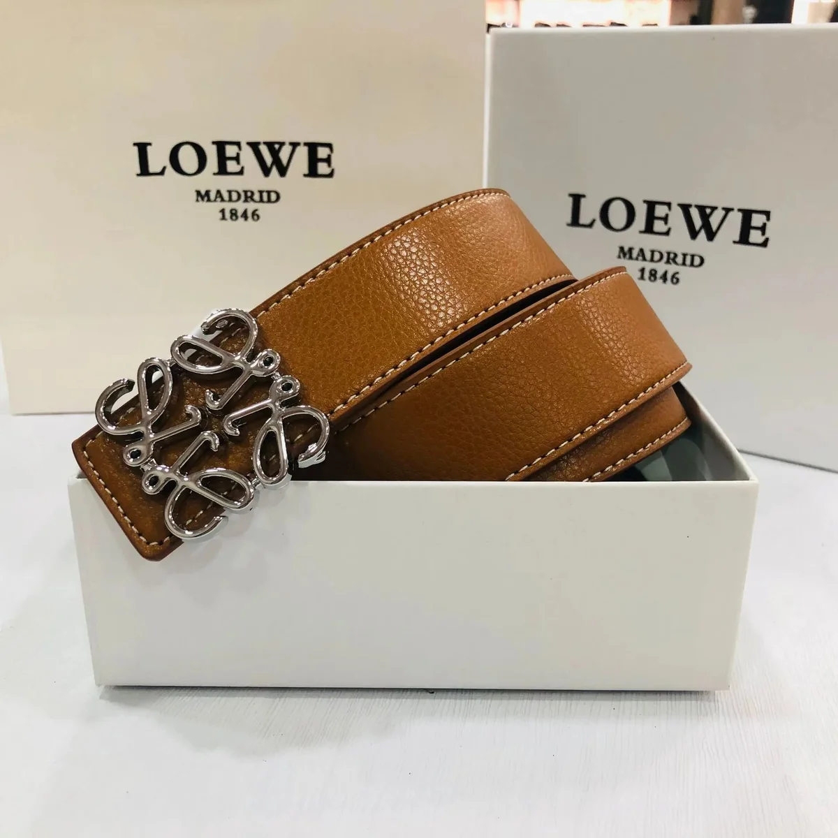 Loewe Loewe Anagram Tan Silver Buckle Belt Brown