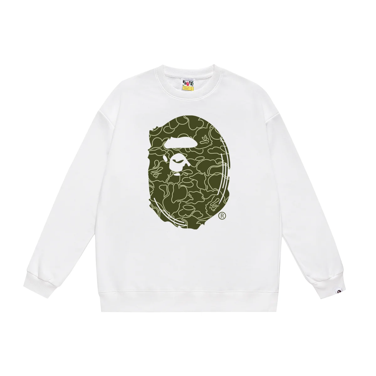A Bathing Ape BAPE STA White with Green Camo BAPE Head Sweatshirt White - 1
