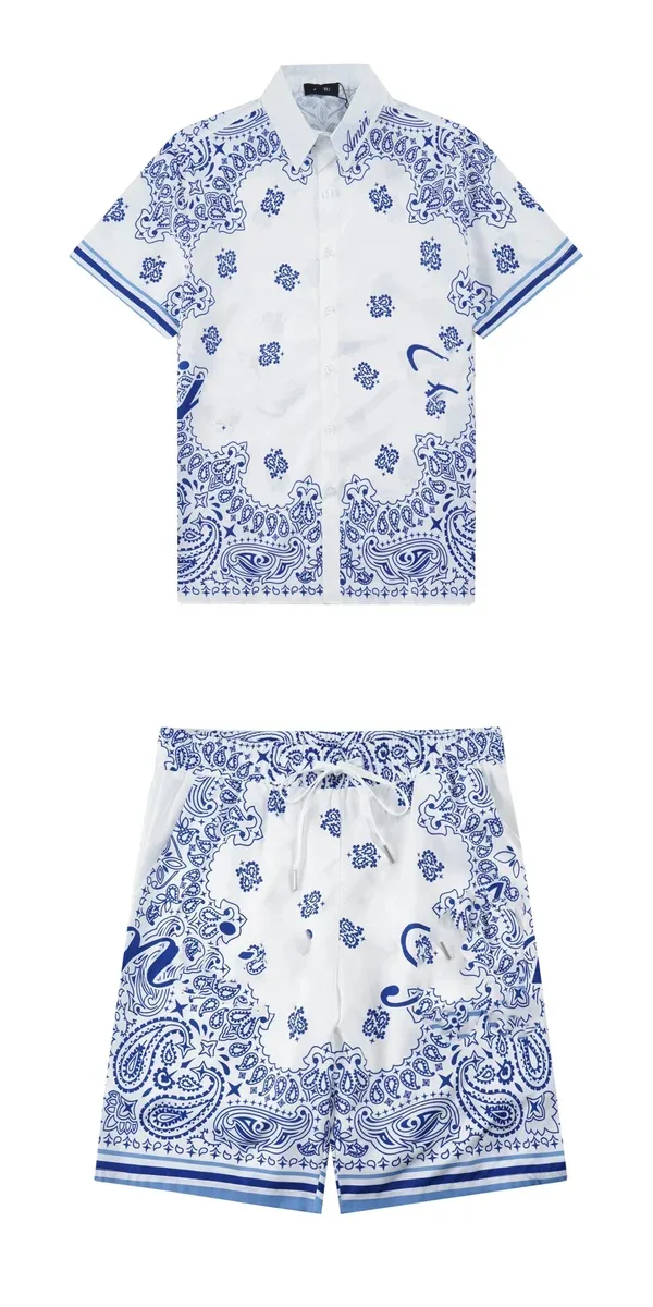 Other Unisex Paisley Print Shorts Set - Blue & White White - 1