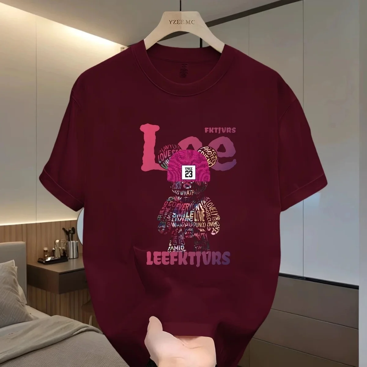 Other 250g Heavy Cotton - Burgundy L Pink Bear T-Shirt Red - 1