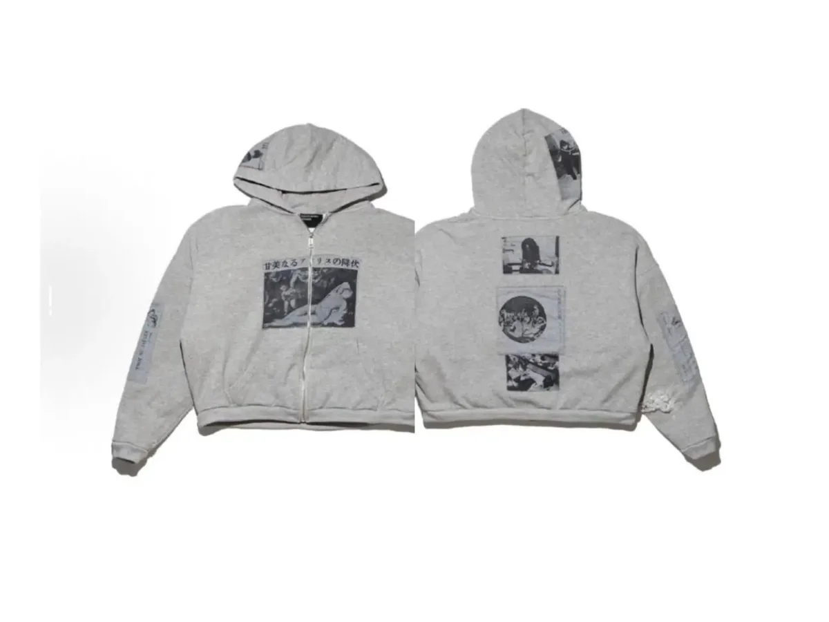 Other Floral Grey Cropped Zip-Up Hoodie with Printed Graphics Grey - 1