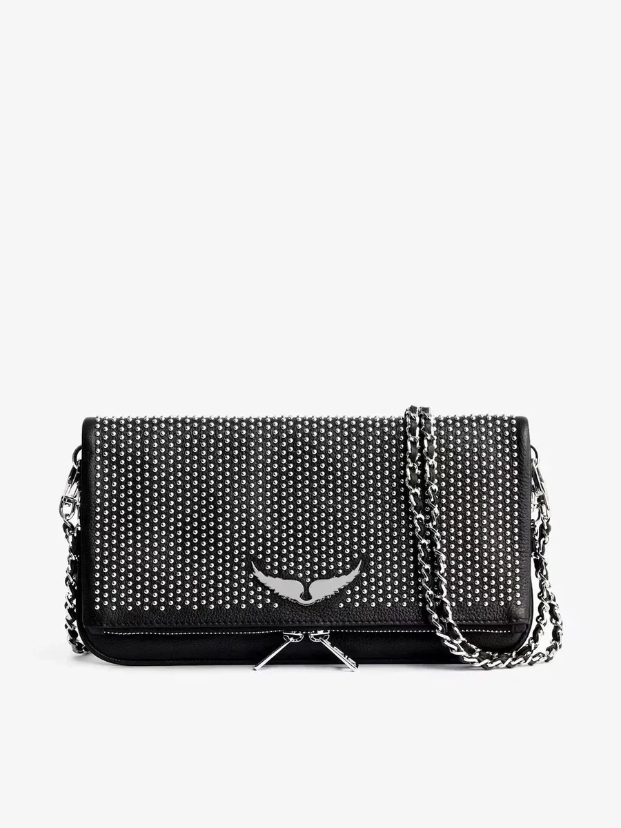 Other Studded Black Leather Clutch Bag with Chain Strap Black - 1
