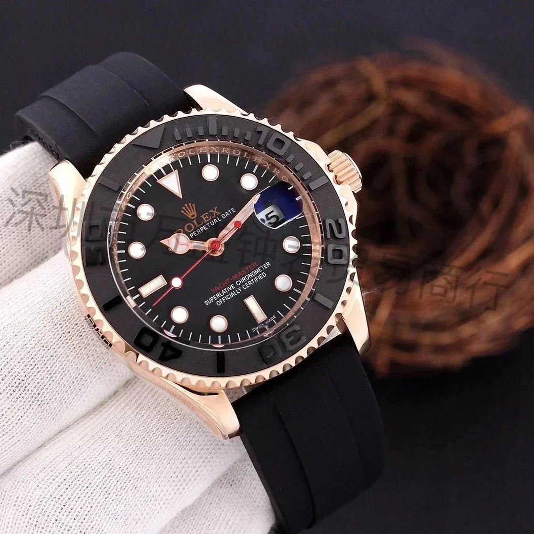 Rolex Rolex Yacht-Master Rose Gold/Black Dial Black Strap Watch Black