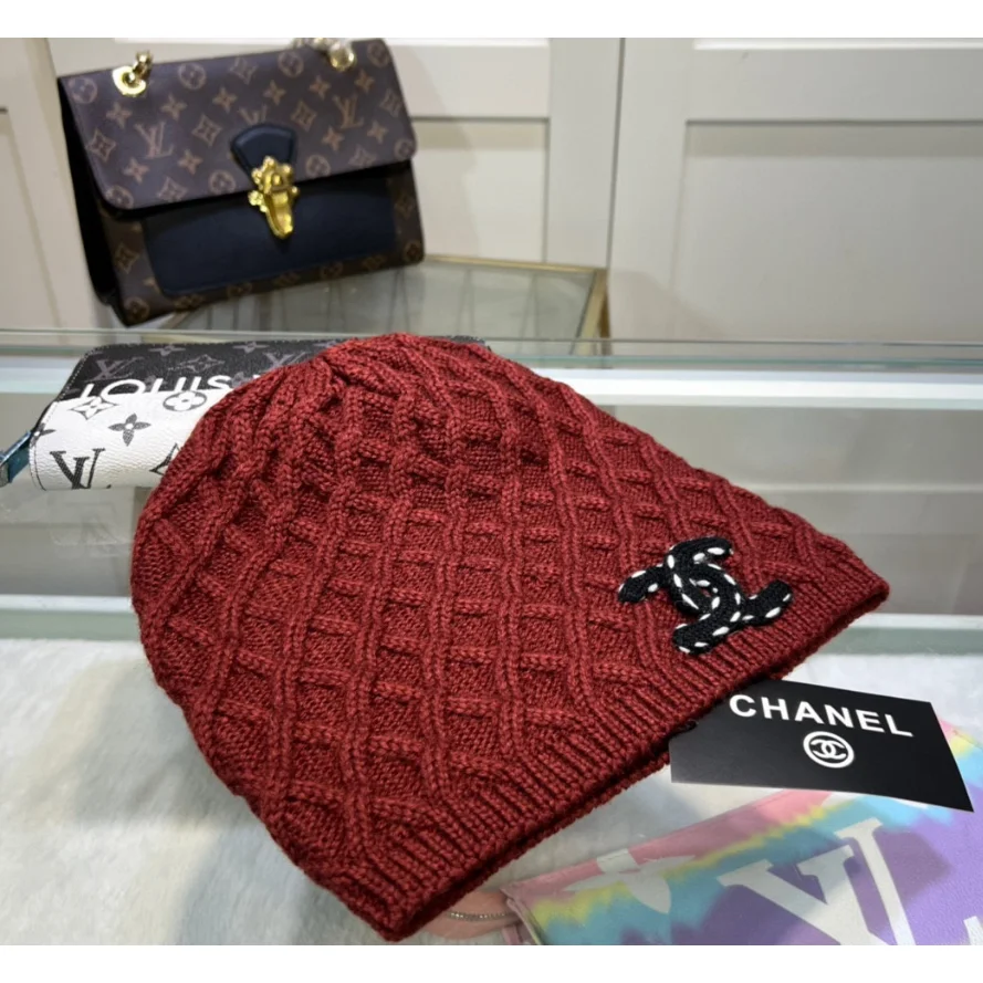 Chanel Chanel Knitted Beanie CC Logo Burgundy A-1 Red