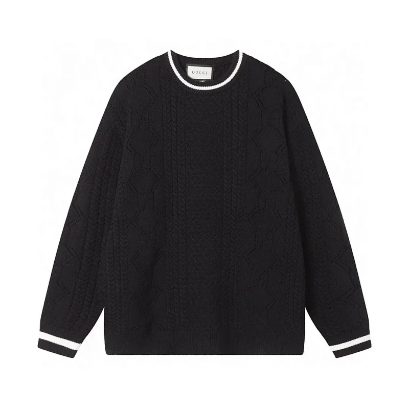 Gucci Gucci Cable Knit Crewneck Sweater Black/White Trim Black
