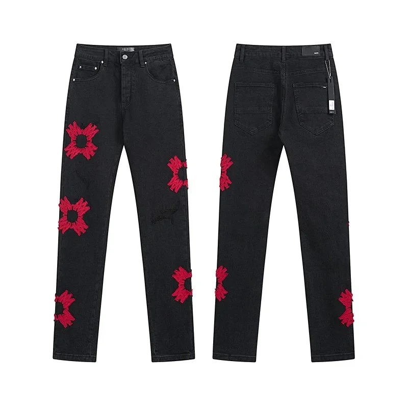 Other Black Red Floral Embroidered Jeans Black - 1
