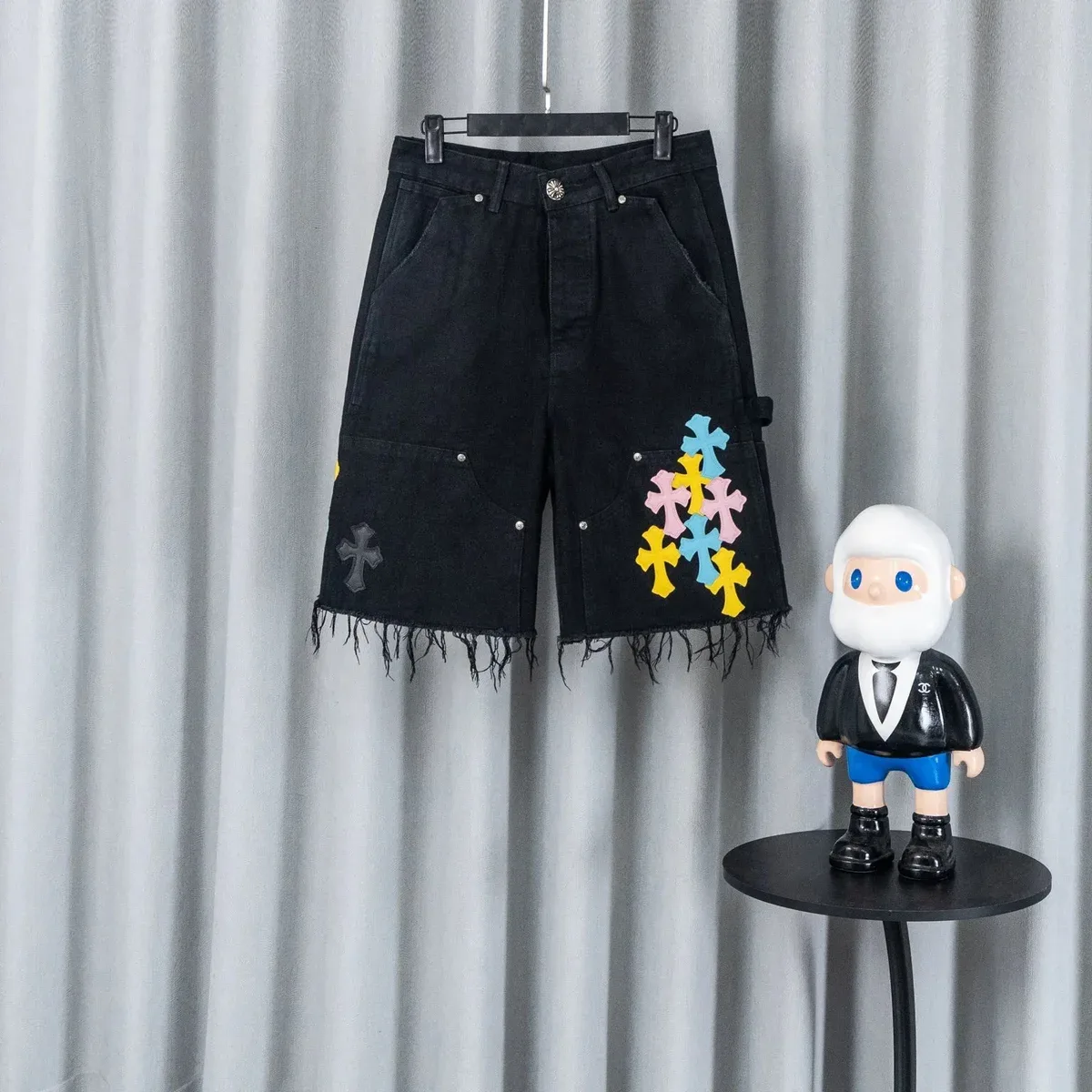 Other Unisex Black Cross Applique Denim Shorts Black - 1