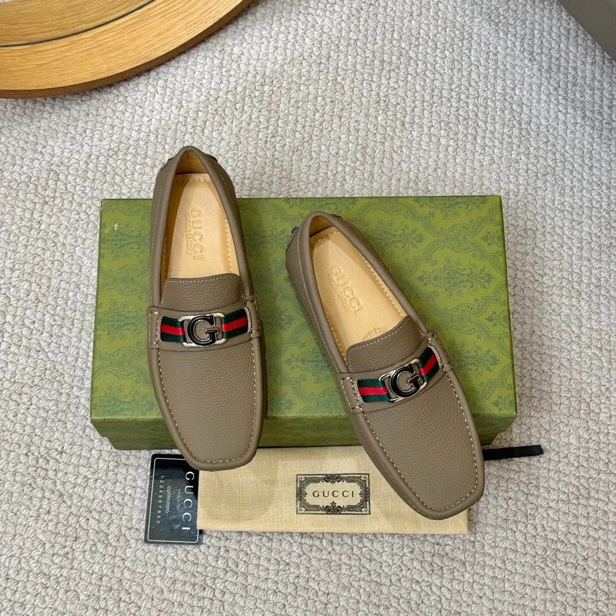 Gucci Gucci G-Buckle Loafers Taupe Leather Shoes Brown