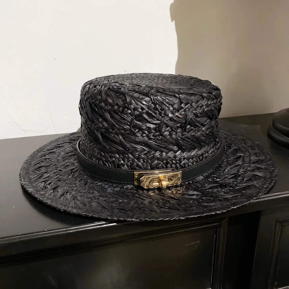 Other Black Raffia Boater Hat with Gold Buckle Headwear Black - 1