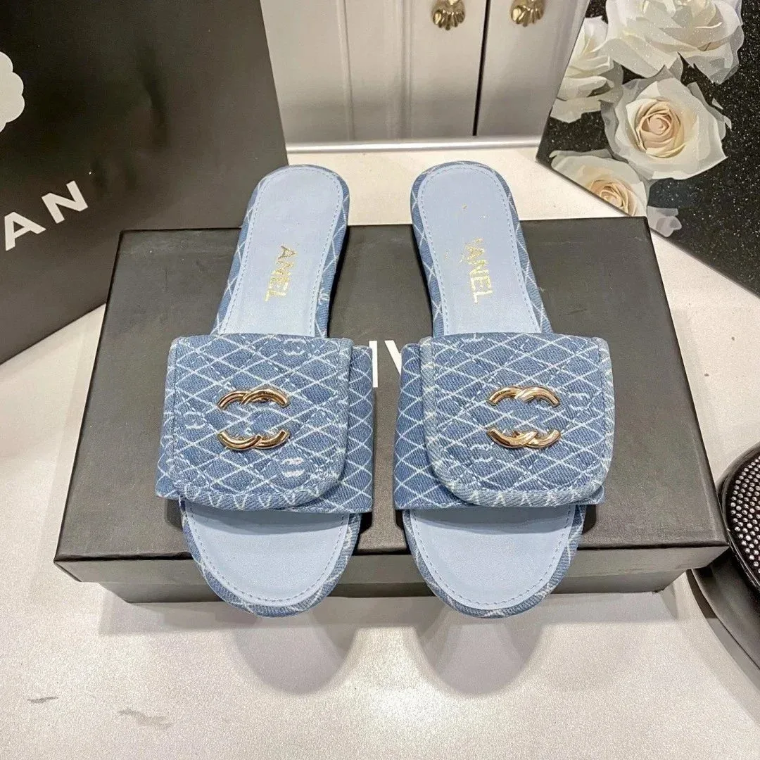 Chanel Chanel Denim CC Logo Slides Blue Sandals Blue